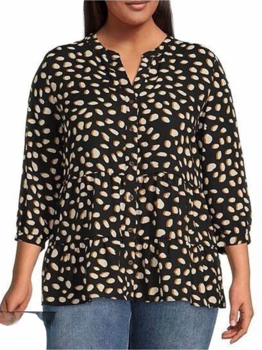 Moa Moa Black Blouse with Cream & Orange Spot Print Peplum